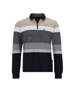 De Hajo herenpolo met lange mouwen combineert sportieve stijl met superieur comfort en is de ideale metgezel voor moderne mannen. De kleurcontrasterende troyerkraag geeft het shirt een elegante touch die op verschillende manieren gecombineerd kan worden.  Een klein geborduurd logo siert de opgestikte borstzak en voegt subtiele accenten toe die de hoogwaardige afwerking benadrukken. De praktische ritssluiting op de kraag maakt individuele aanpassingen mogelijk en biedt daarom maximale flexibiliteit.  De normale pasvorm zorgt voor een comfortabele pasvorm die bewegingsvrijheid en comfort biedt in elke situatie. Dit shirt met lange mouwen is gemaakt van hoogwaardige materialen en garandeert niet alleen duurzaamheid, maar voelt ook zacht aan.  Of het nu voor een ontspannen dag op kantoor is of een casual avond met vrienden, de Hajo polo met lange mouwen is een must-have voor stijlbewuste mannen. Laat je overtuigen door de kwaliteit en het ontwerp en geniet van modieuze veelzijdigheid.