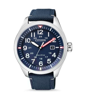 This Citizen Aviator Analogue Watch for Men is the perfect timepiece to wear or to gift. It's Silver 42 mm Round case combined with the comfortable Blue Fabric watch band will ensure you enjoy this stunning timepiece without any compromise. Operated by a high quality Eco-Drive movement and water resistant to 10 bars, your watch will keep ticking. This watch has an Eco-drive technology (Recharged by any light source; never needs a battery)  -The watch has a calendar function: Date, Luminous Hands, Luminous Numbers High quality 21 cm length, 19 mm wide, Blue Fabric strap with a Buckle Case diameter: 42 mm, Case height: 12 mm and Case color: Silver Dial color: Blue