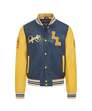 Introducing the Men's Baseball Leather Jacket, a perfect blend of classic varsity style and modern craftsmanship. This letterman bomber jacket features contrasting sleeves and a striped knit ribbed collar, waistband, and cuffs for a timeless athletic look. The press studs front closure and embroidered brand logo patches on the chest and sleeves add a touch of authenticity and flair. Designed with practicality in mind, it includes two jet pockets at the waist and two inside welt pockets for your essentials. The panelling to the back of the jacket ensures a tailored fit and superior comfort.

Contrasting sleeves for a stylish look
Striped knit ribbed collar, waistband, and cuffs for a classic finish
Press studs front closure for easy wear
Embroidered brand logo patches on the chest and sleeves for added detail
Two jet pockets at the waist and two inside welt pockets for convenience