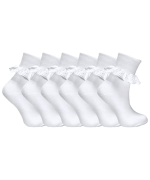 Every baby girl needs a pair of adorable frilly lace socks in their sock drawer so why not stock up with these great 6 pairs of Girls Organza Lace Socks that are available in 2 classic colours. These baby girl socks are Cotton Rich which will make sure that their feet remain super soft and comfortable throughout the day. There’s 2 classic colours to choose from They are: Pink and White. They have a short calf design with a cute frilly turnover lace lining on the top of the sock, The traditional sock design for a new baby girl. The 78% cotton rich content also means they are not only soft and cosy but perfect for all year round wear, keeping their feet warm in the winter and cool in the summer. These socks come in 6 pairs, 2 colours and are available in 3 sizes: 0-6 Months, 6-12 Months & 12-24 Months. They are made from 78% Cotton; 20% Polyester; 2% Elastane and are Machine Washable.