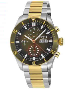 Gevril 48625B Men's Yorkville Chronograph Swiss Automatic Watch
Gevril Men's Swiss Automatic from the Yorkville Collection
43mm Round Stainless Steel Satin and Polished Chronograph Case, Green Bezel, Green to Black Dial
Day-Date at 3 o'clock Exhibition Case Back
Screw down Crown with Gevril Logo
IPYG Satin Bracelet with Deployment Buckle
Anti-reflective Sapphire Crystal
Water Resistant to 200 Meters/20 ATM
Swiss Made Automatic Movement ETA 7750