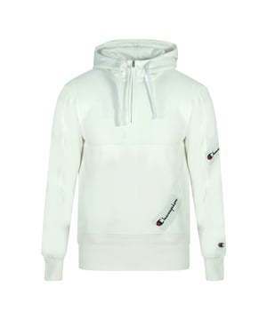 Champion Half Zip Asymmetric Pocket Logo White Hoodie. Weißer Kapuzenpulli von Champion. Elastische Ärmelabschlüsse und Taille, Kapuze mit Kordelzug. Fronttaschen. 73% Baumwolle 27% Polyester. Style Code: 216551 WW001