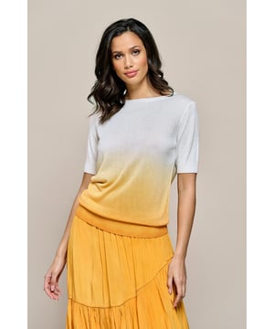 Ontdek deze prachtig fijn gebreide top met korte mouwen, een absolute must-have voor het zomerseizoen! De Corbyn top straalt met zijn degradé effect van diep warm geel naar stralend offwhite. Vervaardigd van luxueuze viscose kwaliteit, is deze tijdloze top een veelzijdige keuze met zijn unieke details, waaronder sprankelende lurex garen die een oogverblindend effect toevoegen. De perfect afgewerkte brede ribboord aan de onderkant geeft een subtiele touch, die ook terugkomt in de hals en mouwen. Stijl deze elegante gebreide top met een korte broek voor de zomerse dagen of combineer met een slim-fit jeans en kort jack voor andere seizoenen.