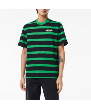 Men's Lacoste Striped 3D Print Cotton T-Shirt.- Relaxed fit, comfortable ease on body with lower shoulders.- Cotton jersey.- Golf print 3D at chest.- Embroidered crocodile at under middle back collar.- Shell: Cotton (100%).- Collar: Cotton (95%), Elastane (5%). Machine washable. Ref: TH1488PIQ.