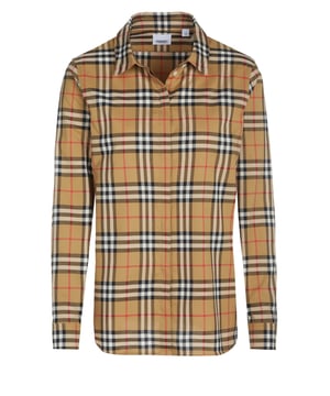 100% katoen; Burberry-blouse; Model: 8014010 A2219; Verborgen knoopsluiting; Hoogwaardige afwerking; Klassiek Burberry-ruitpatroon; Kent-kraag; sportmanchetten; Burberry-logodetails