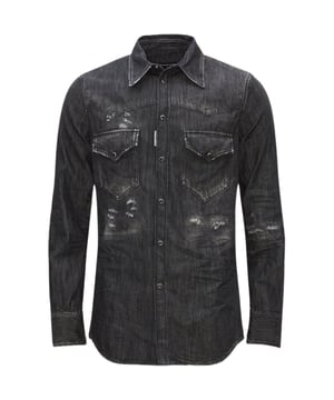 Dsquared2 Zwart denim overhemd, 100% katoen, gemaakt in Italie, knoopsluiting, 2 zakken aan de voorkant, donker denim, vervaagd ontwerp