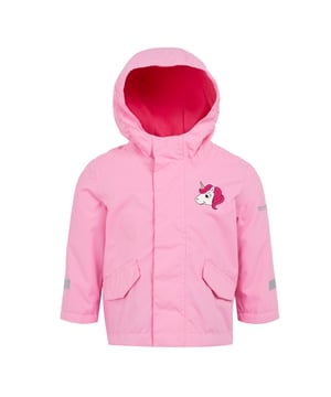 100% Polyester. Lining: Taffeta. Design: Logo, Unicorn. Fabric Technology: Breathable, Durable, DWR Finish, Insulating, Isotex 10000, Lightweight, Quick Dry, Thermo-Guard, Waterproof, Windproof. 360 Degree Reflection, Taped Seams. Neckline: Hooded. Sleeve-Type: Long-Sleeved. Hood Features: Grown On Hood, Peaked. Pockets: 2 Front Pockets, Flap Closure. Fastening: Full Zip, Hook and Loop, Stormflap. 10000g/m²/24hrs. 4-5 Years: 22 in.