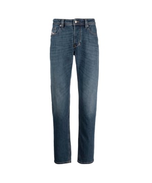 Diesel blauwe denim broek, knoopgulp, 94% katoen, 5% polyester, 1% elastaan, blauw denim, rechte pijpen, diesel merkbadge