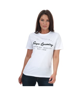 Tokyo Laundry Viv wit T-shirt voor dames.<br /><br />- Ronde hals.<br />- Korte mouwen.<br />- Tokyo Laundry-merkdetails.<br />- Tokyo Laundry-letterlogo op de voorkant.<br />- Zilveren foliedetails.<br />- Katoenen jersey.<br />- Zachte stretch.<br />- Normale pasvorm.<br />- 100% katoen. Geschikt voor de wasmachine. <br />- Ref: 3C16354