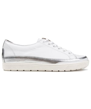 Slip On These Fantastic White And Metallic Silver Sneakers From Caprice For The Perfect Finishing Touch. Featuring A Soft Leather Upper With A Metallic Leather Trim, Tonal Metal Eyelets And A Comfy Cushioned Insock, These Chic Plimsolls Will Add Sophisticated, Effortless Style To Your Smart-casual Outfit.