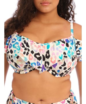 Elomi Party Bay Bikini Top. With narrow straps and a ruffle that can be worn on or off the shoulders. This product is recommended as hand wash only.