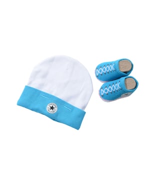 Cap: 100% Combed Cotton. Booties: 82% Cotton 16% Polyester 2% Spandex Blue and WhiteLace Up Designs