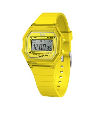 This Ice Watch Ice Digit Retro - Electric Yellow - Clear Digital Watch for Child is the perfect timepiece to wear or to gift. It's Yellow  Rectangular case combined with the comfortable Yellow Silicone watch band will ensure you enjoy this stunning timepiece without any compromise. Operated by a high quality Quartz movement and water resistant to 3 bars, your watch will keep ticking. Stand out from the crowd with the ICE digit retro Electric yellow. Bold and colorful, this watch sets you apart with its transparent electric yellow dial and matching soft silicone strap. This Digital watch has a calendar function: Day-Date , Stop Watch , Dual Time , Alarm and Light High quality 19 cm length and 18 mm width Yellow Silicone strap with a Buckle Case measurement: 32 X 34 mm,case thickness: 8 mm, case colour: Yellow and dial colour: Yellow