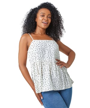 Ditsy Spot Print Peplum Vest Top from Roman. Only for our shoppers that want to be spotted! Dusk's disty polka dot cami is lightweight, breathable, and eye-catching. Cut to a peplum silhouette and finished with adjustable straps this square neck summer top is flattering for every body type. This piece can be worn however you like whether home or away.