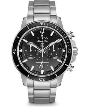 This Bulova Marine Star Chronograph Watch for Men is the perfect timepiece to wear or to gift. It's Silver 45 mm Round case combined with the comfortable Silver Stainless steel watch band will ensure you enjoy this stunning timepiece without any compromise. Operated by a high quality Quartz movement and water resistant to 20 bars, your watch will keep ticking. This watch has a black glass insert on ratcheted rotating bezel, it’s the best present for family and friends -The watch has a calendar function: Date, six-hand chronograph, Luminous hand, Luminous Numerals High quality 21 cm length, 20 mm wide Silver Stainless steel strap with a Fold over clasp with double push button safety Case diameter: 45 mm, Case height: 15 mm and Case color: Silver Dial color: Black