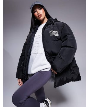 Coats & Jackets by ASOS WEEKEND COLLECTIVE Your go-to for cooler climes Toggle hood Zip fastening Logo print to chest Adjustable waist Functional pockets Oversized fitSold By: Asos