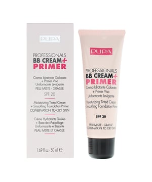 Pupa Professionals BB Cream and Primer ist eine getönte 5-in-1-Creme, die den Teint aufhellt, Unregelmäßigkeiten korrigiert, Feuchtigkeit spendet und vor UV-Strahlen schützt. Sie enthält Stevia-Extrakt und ist frei von Öl und Parabenen.