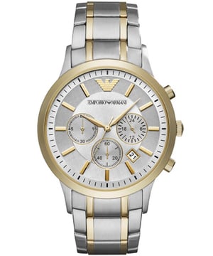 Emporio Armani AR11076 EAN 4053858895348 - Mens RenatoTwo Tone Gold Chronograph Watch. Battery powered Quartz movement with three sub-dials with a Chronograph display.