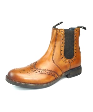 Frank James Chepstow Mens Brogue Chelsea Dealer Boots Tan or Bordo Cleated Sole. Leather upper, textile linging and manmade sole.