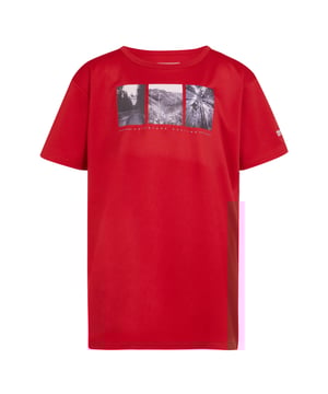 100% Polyester. Design: Cycling, Graphic Print, Logo, Scenery. Neckline: Crew Neck. Sleeve-Type: Short-Sleeved. Fabric Technology: Durable, Moisture Wicking, Quick Dry. Sustainability: Made from Recycled Materials. Sun Rating: UPF 40+. 14 Years: 33 in. 3-4 Years: 22.5 in. 11-12 Years: 31 in. 15-16 Years: 36 in. 13 Years: 32 in. 5-6 Years: 24 in. 7-8 Years: 26 in. 9-10 Years: 28.5 in.