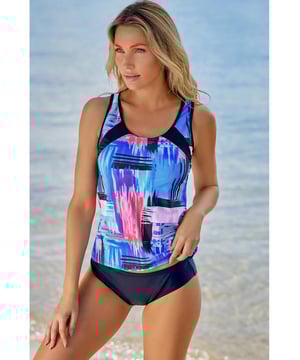 Stijlvolle en comfortabele mouwloze tankini badpak  
Ontworpen voor vrouwen  
Gemaakt van kwaliteitsmaterialen  
Flatterende pasvorm en uitstekende ondersteuning  
Mouwloos ontwerp zorgt voor bewegingsgemak  
Perfect voor het strand of de spa