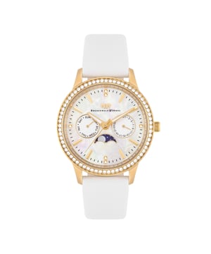 Are you looking for a women's watch that connects classic look with glamorous luxury? Then this model of the Rhodenwald & Sons label is the right choice. The clock scores with an elaborately worked, multi -layer dial, striking line indices and luminiscae. Functional highlight are auxiliary digits for the date and weekday in the Bicompax arrangement, supplemented by a moon phase display. The hard-wearing stainless steel case with IP finishing in yellow gold is decorated with crystals from Swarovski®. A simple, soft leather bracelet fits perfectly into the design and rounds off the noble overall impression.