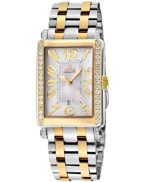 Gevril 7544YEB Avenue of Americas Mini Zwitserse Kwarts Diamant Horloge

Gevril Dames Diamant Zwitserse Kwarts Horloge uit de Avenue of Americas Mini Collectie
33x25 Rechthoek 316L Roestvrij Staal IPYG Diamante Huis, Witte MOP Wijzerplaat
Guilloche-wijzerplaat en een zeer gestileerde weergave van Arabische cijfers die van het oppervlak van de wijzerplaat zijn verhoogd
46 volledig geslepen Cultured diamanten, VS Kleur, FG Kleur, .075 TCW
Push/Pull Crown, Datum op 6:00
Beperkte Editie 001/999
Twee-Ton SS IP Geelgouden Armband met Deployant Sluiting
Antireflecterend Saffierglas
Waterresistent tot 50 Meter/5ATM
Zwitserse Kwarts Beweging Ronda 784