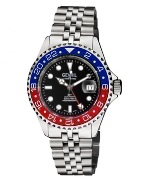 An accessory to success. A distinctive, Swiss-made timepiece is always a sound investment. Artfully reminiscent of the famed New York City skyline, each watch in the Gevril Wall Street Collection commands attention with a stainless steel, architectural design. The unidirectional rotating bezel frames sapphire-doomed, anti-glare crystal. Detailed to perfection, a magnified lens showcases luminous indices and hands on a contrasting dial. Form never suffers to function: each watch is water resistant for up to 200 meters and features a stainless steel bracelet with folding deployment closure. Available in a series of sleek dial colorways, the Wall Street Collection makes a strong statement.
Description

Gevril Swiss watch from the Wall Street Collection
43mm 316L Stainless Steel Satin finish case, Unidirectional rotating bezel
Screw down Crown with Gevril Logo
Luminous real indices on dial, Luminous hands, BluCeramic Bezel
Date at 3 o'clock, Magnified Lens
Sapphire Anti-glare Crystal 
316L Stainless Steel Jubilee Bracelet with folding Deployment Closure
Water resistant to 200 Meters/20 ATM
Swiss Automatic GMT, SW330 Movement