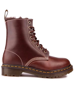 Women's Browns Dr. Martens 1460 Serena Lace-up Boots, With A Sleek Leather Upper, Featuring An 8-eyelet Lacing System And Signature Airwair Heel Loop. These Ladies' High-top Boots Have A Soft Faux Fur Lining, The Unmistakable Doc's Dna Like The Iconic Yellow Stitching, Airwair Branding And The Goodyear Welted Air-cushioned Sole With Rugged Tread.