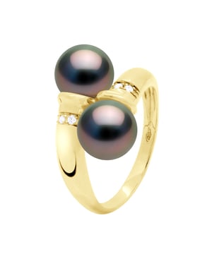 Ring You & Me Diamonds 0,06 Cts (6 x 0,01 cts) 2 Real Cultured TAHITI Pearls Round 8-9 mm - Yellow Gold - available Size even numbers from 48 to 62 - Delivered with Certificate of Authenticity and International Guarantee - MANUFACTURED BY OUR FRENCH JEWELERY ARTISANS