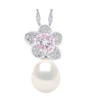Necklace - Real Cultured Freshwater Pearl Pear 9-10 mm - COLOR NATURAL WHITE- Paving Pink Cubic Zirconia - NATURAL PINK COLOR - Chain Singapore 925 Rhodium plated / Length 42 cm - Delivered with Certificate of Authenticity and International Guarantee -