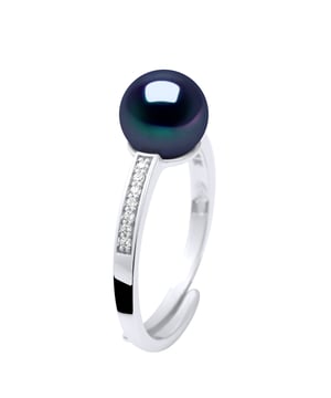 Ringschmuck – Echte Süßwasser-Zuchtperle, rund, 7–8 mm – Armreif mit Zirkonia, Silber 925 rhodiniert – FARBE BLACK TAHITIAN STYLE – Größenverstellbar von Größe 48 bis Größe 62 – Lieferung in Box und mit internationalem Echtheitszertifikat Garantie – HERGESTELLT IN FRANKREICH