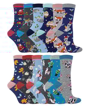 Wildfeet - 12 Days Advent Calendar Socks In Xmas Gift BoxCountdown to Christmas in style with the Wild Feet Advent Calendar, featuring 12 pairs of superb ladies' cotton socks with funky and colourful festive patterns that are sure to add a touch of Xmas cheer to your feet! Each pair of Wild Feet socks is carefully selected to offer a mix of funny and wacky Christmas-themed styles, along with some great everyday classic patterns that can be enjoyed all Christmas.The calendar comes in a boxed gift set, with each pair of socks concealed behind a different door. From cute reindeer to jolly snowmen, every pair is completely different and made to the highest quality.Available in a crew length, using a smooth and fine cotton-rich blend that ensures optimal comfort, softness, and breathability. So whether you're looking for a fun and festive way to countdown to Christmas or searching for the perfect gift for a loved one, the Wild Feet Advent Calendar has got you covered.Wild Feet is a range of socks featuring cool designs, bold colours and quirky catchphrases - from pugs and penguins, to lions and llamas! Choose from a range of styles for men and ladies, from dress to trainer socks. There are even some sporty styles available!There are 12 designs per pack including: Santa, Gingerbread, Llamas, Foxes and more. They come in one size Ladies 4-8 UK, are made from 62% Cotton 31% Polyamide 5% Polyester 2% Elastane and are machine washable.Extra Product DetailsLadies Wildfeet Xmas SocksCute Festive DesignsCotton Rich Fibres12 Pairs Per PackComes In Gift BoxMade For ChristmasA Perfect Gift IdeaThe Ideal Stocking FillerSoft & BreathableOne Size: 4-8 UKMachine Washable