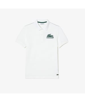 Proud of Lacoste’s DNA  revisiting our iconics in a contemporary way Regular fit  natural ease on body Iconic petit pique Graphic polo 2 rubber buttons placket 3cm green crocodile at bottom garment - left side when worn Lacoste stripe gradient and crocodile print at chest