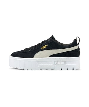 We’re calling it: the Mayze is officially Amazing. The striking silhouette is created with an edgy stacked sole and contrasting rubber tooling. Of course this shoe is street-influenced to the max but, with chic foil branding, luxe webbing and the tonal stripe print on the heel, it has an elevated appeal you’ll love too. Like we said: amazing. DETAILS Low boot silhouette. Full suede upper. Rubber midsole. Rubber outsole. Eyelets with glossy finish. Lace closure for a snug fit. PUMA Cat Logo on heel cap. PUMA No. 2 Logo on quarter.