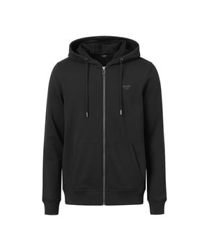 Einfarbige Zipper-Jacke für Herren von der Marke JOOP! JEANS. Aus reiner Baumwolle mit gerippten Abschlüssen, Kapuze mit Kordel und Kängurutaschen.