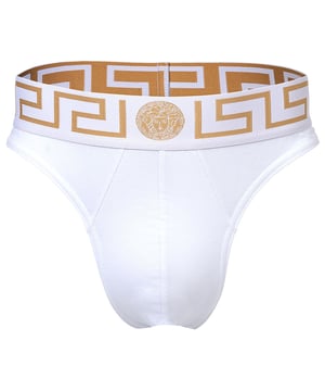 Eleganter Herren Tanga der Marke VERSACE. Hochwertiger Slip mit Greca-Muster und Medusa-Motiv am elastischen Bund. Sehr hohe Qualität.