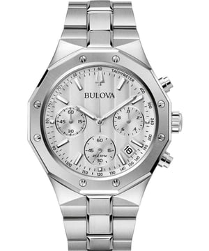 This Bulova Precisionist Chronograph Watch for Men is the perfect timepiece to wear or to gift. It's Silver 44 mm Round case combined with the comfortable Silver Stainless steel watch band will ensure you enjoy this stunning timepiece without any compromise. Operated by a high quality Quartz movement and water resistant to 10 bars, your watch will keep ticking. This watch is suitable for every occasion,whether you are at work, leisure or at the banquet and so on. This Chronograph watch has a calendar function: Date , Stop Watch , Luminous Hands , Luminous Numbers and Tachymeter High quality 21 cm length and 24 mm width Silver Stainless steel strap with a Fold over with push button clasp Case diameter: 44 mm,case thickness: 11 mm, case colour: Silver and dial colour: White