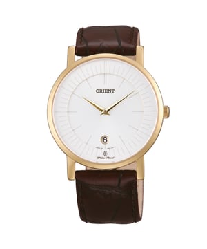 Orient Uhr FGW01008W0  
Geschlecht: Herren  
Hauptfarbe: Gold  
Uhrwerk: Quarz: Batterie  
Anzeigeformat: Analog  
Wasserdichtigkeit: 5 ATM  
Verschluss: Dornschließe  
Funktionen: Datumsanzeige  
Gehäusefarbe: Gold  
Gehäusematerial: Edelstahl  
Gehäusebreite: 37  
Gehäuselänge: 37  
Zifferblatt: None  
Armbandfarbe: Braun  
Armbandmaterial: Leder  
Bänderanschlussbreite: 20  
Handgelenkumfang (max.): 210  
Lieferumfang: Uhrenbox  
Stil: Klassisch, Elegant  
Gehäusehöhe: 6  
Glas: Saphirglas  
Anzeige-Farbe: Weiß  
Gangreserve: Keine Automatik  
Lünette: keine  
Uhren Extras: Keine