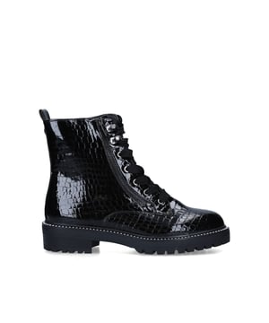 The Jamie2 ankle boot arrives in a black croc embossed pattern with lace up front. There is a small pull tab at the back of the ankle with zip details.Sole Height: 4cmConcealed zipper on the inner sideThis product contains a unique KG Kurt Geiger branded outsole design that has been created specifically for this styleThis product is registered with The Vegan SocietyMaterial: TextileStyle number: 8601800409