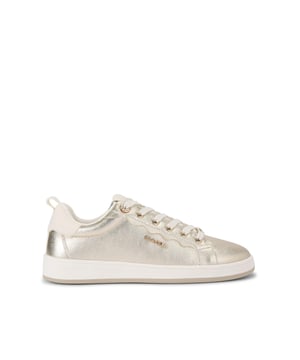 The Carvela Peonia Sneaker is a lace up style crafted in metallic gold. There are gold eyelets and branded tab on the laces as well as a pink branded pull tab at the back of the ankle.
