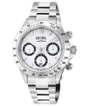 Gevril 44606 Men's New Amsterdam Swiss Automatic Chronograph Watch Gevril Men's Swiss Automatic Chronograph Watch from the New Amsterdam Collection 40mm Round Stainless Steel Polished Case and Top Ring White Dial, Luminous indexes , Screw down Crown Exhibition Case back Chronograph sub dials are at 3:00, 6:00, 9:00 (small seconds location) 316L Stainless Steel Satin and Polished Oyster Bracelet With Deployment Buckle Anti-reflective Sapphire Crystal Water Resistant to 200 Meters/20 ATM Swiss Automatic Movement, Chronograph, ETA 7753