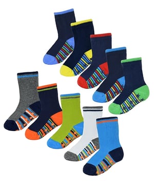 If your little ones are in need of a sock drawer top up but you need something to last them playing on hard surfaces then why not consider these great 10 Pair Value Pack Cotton Rich Socks with Grippers? Designed with you little boy in mind, these socks come with cute and colourful heel & toe patterns but with non-slip grippers on the bottom of each sock. This is to ensure that they don’t slip over on hard surfaces while playing around the house. These baby boy socks are Cotton Rich which will make sure that their feet remain super soft and comfortable throughout the day. With bright & funky colours throughout this 10 pack, there's plenty to keep them going. These socks come in 2 different styles. Colours include: Blue, White, Green, Navy, Grey, Red, Royal Blue, Bright Blue and more, all with colourful grips. These socks come in 10 pairs and different 2 styles. They are available in 3 sizes: 0-6 Months, 6-12 Months & 12-24 Months. They are made from 78% Cotton; 20% Polyester; 2% Elastane and are Machine Washable.
