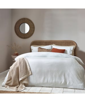 Inspired by timeless classic fabrics, the Lark duvet cover set is made from ultra-soft double-layer muslin cotton fabric. Available in a range of pastel tones, this bedding is complete with a wooden button closure. The cosy crinkle texture is perfect for bringing a relaxed, stylish feel to your bedroom. Cool and breathable in the summer months and snuggly and warm in the winter, muslin is used on both sides for an understated yet modern look. This product is certified by OEKO-TEX®, showing it has been sustainably made.