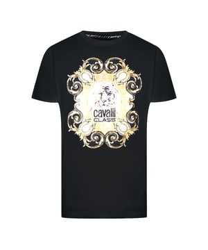 Cavalli Class Bold Tiger Emblem Design Black T-Shirt. This Cavalli class Leopard Logo Print black T-Shirt is perfect for making a statement. Crafted from 100% Cotton, this short-sleeved tee features a bold tiger design and Cavalli Class logo. A classic crew neck and regular fit provides comfort and style, and fits true to size every time.. Crew Neck, Short Sleeves, Cavalli Class Black Tee. 100% Cotton, Bold Tiger Design. Regular Fit, Fits True To Size. Style Code: QXT61S JD060 05051