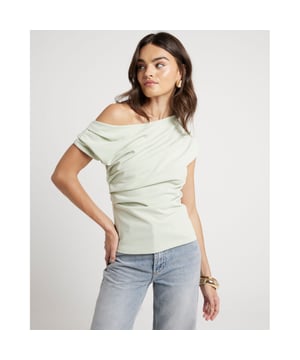 Off shoulder design, Drape detail, Asymmetric neckline, Short sleeves
