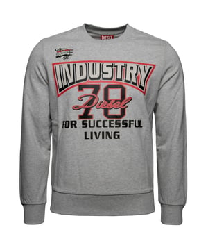 Diesel merklogo grijze trui, 60% katoen, 40% polyester, afbeelding op de borst, ronde hals, lange mouwen, merklogo, elastische hals, mouwuiteinden en onderkant
