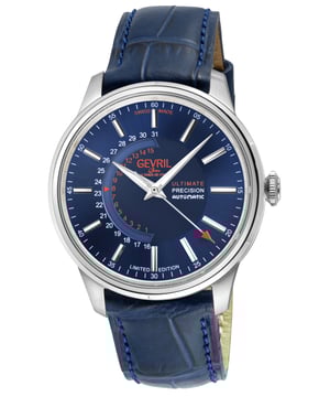 Reloj Automático Suizo Gevril 49201 para Hombre de la Colección Guggenheim

Reloj Automático Suizo para Hombre Gevril de la Colección Guggenheim
Caja de 40 mm de acero inoxidable 316L pulido, esfera azul océano, índice plateado con fecha
Fondo de caja a rosca y exposición con cristal de zafiro
Corona a rosca, manecillas y marcadores luminiscentes
Edición Limitada
Correa de cuero auténtico hecha a mano con costuras en azul/blanco y hebilla de tang
Cristal de zafiro antirreflejo
Resistente al agua hasta 50 metros/5ATM
Rueda de fecha personalizada Sellita SW220