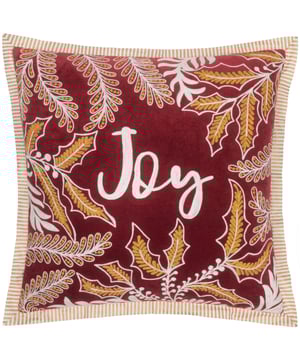 The best of the season, Christmas, is for celebrating, and this design is a true celebration. All the trimmings and a generous size. Keeping a festive element in our homes has never been so easy with the Winter Joy cushion. Featuring embroidered detailing of woodland leaves and the word 'Joy' on a luxurious cotton velvet base, this cushion is complete with a plain reverse and an eye-catching striped Oxford Flange edge.