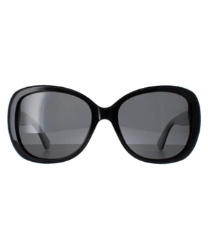 Kate Spade Buttefly Womens Black Ivory Grey Polarized Judyann/P/S  Sunglasses boast a chic butterfly frame, meticulously crafted from premium acetate to ensure both durability and lightweight comfort. The polarized lenses offer superior UV protection, shielding your eyes from harmful rays while reducing glare for enhanced clarity. The temples are adorned with the iconic Kate Spade logo, adding a signature touch of luxury and sophistication.